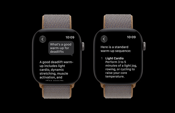 Apple Watch Series 12, caja de titanio natural, muestra una conversación con Siri AI sobre un entrenamiento