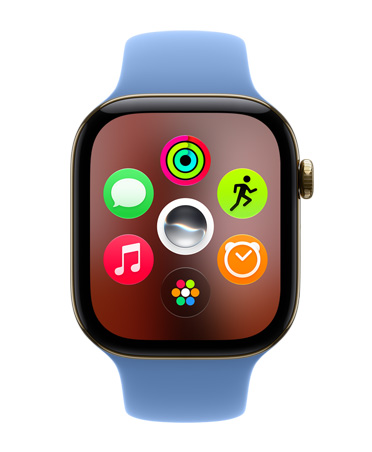 Apple Watch Series 12, titanio color oro radiante, la pantalla muestra el diseño de la cuadrícula dinámica de apps