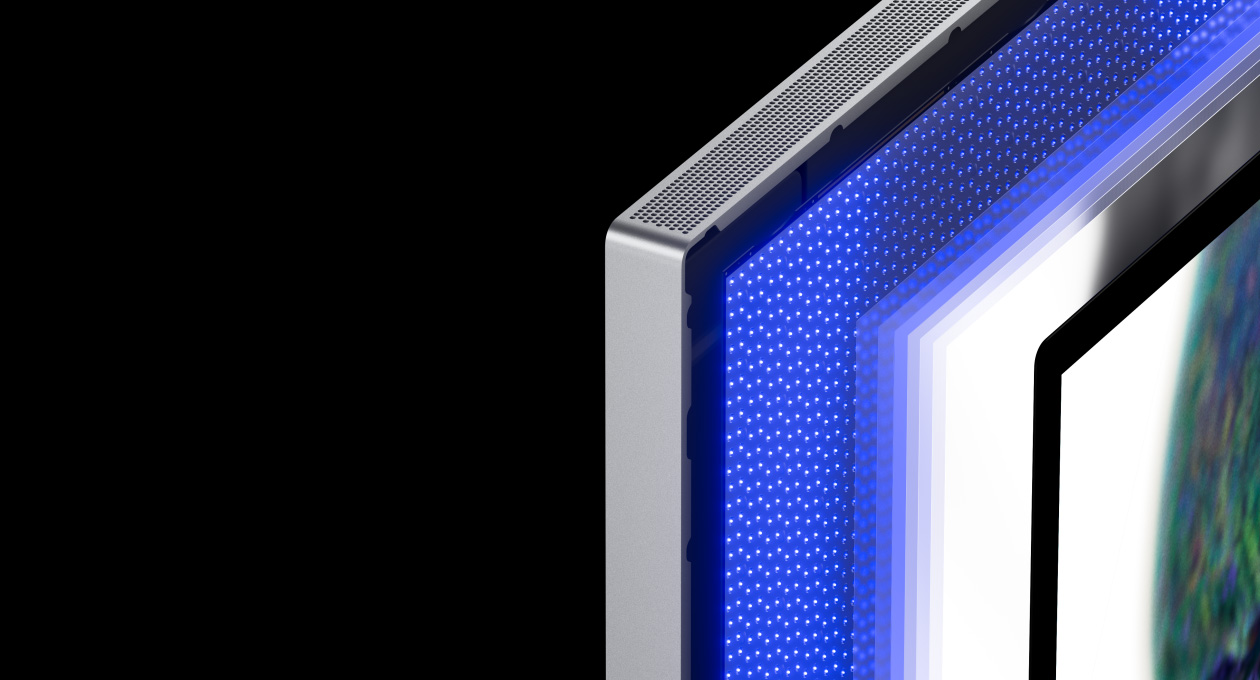 Galería que muestra las funcionalidades del monitor Studio Display XDR, como retroiluminación mini-LED, brillo y contraste, Sincronización Adaptativa y conectividad