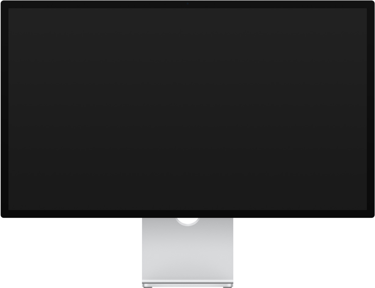 Unos objetos coloridos que parecen cintas llenan la pantalla. Al alejarse, se puede ver que es el fondo de pantalla del monitor Studio Display