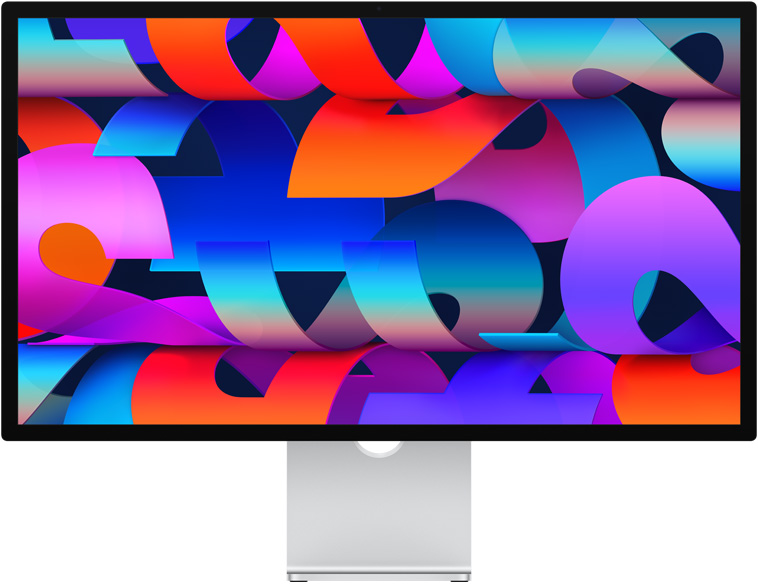 Parte frontal del Studio Display con un colorido fondo de pantalla con diseño en forma de cintas