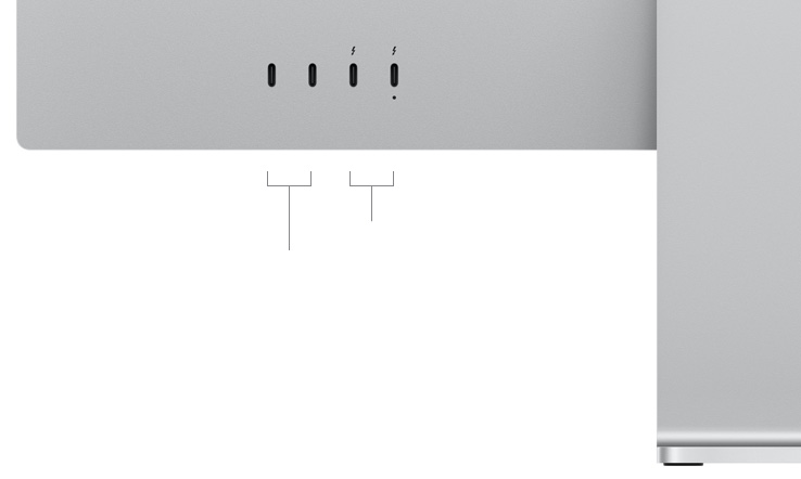 Vista posterior del monitor Studio Display que muestra dos puertos USB-C y dos puertos Thunderbolt 5