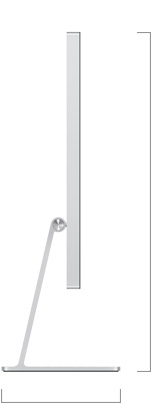 Vista lateral del monitor Studio Display con base con inclinación ajustable que muestra las medidas de altura y profundidad